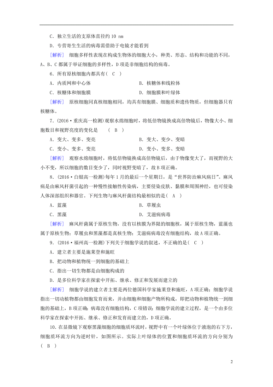 高中生物第一章走近细胞第2节细胞的多样性和统一性课时作业必修11.doc_第2页