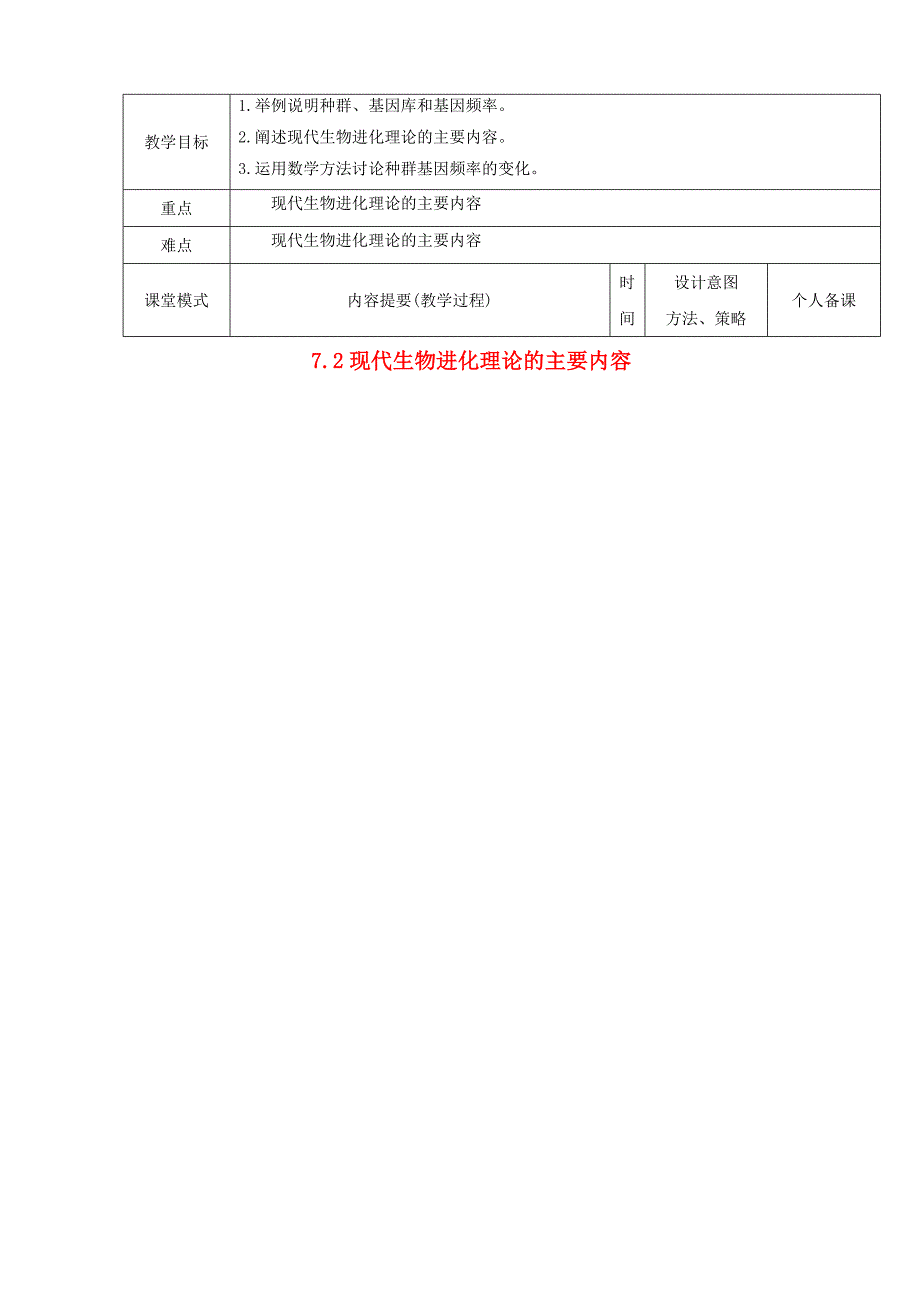 江西万载高中生物第七章现代生物进化理论7.2.1现代生物进化理论的主要内容教案必修2.doc_第1页