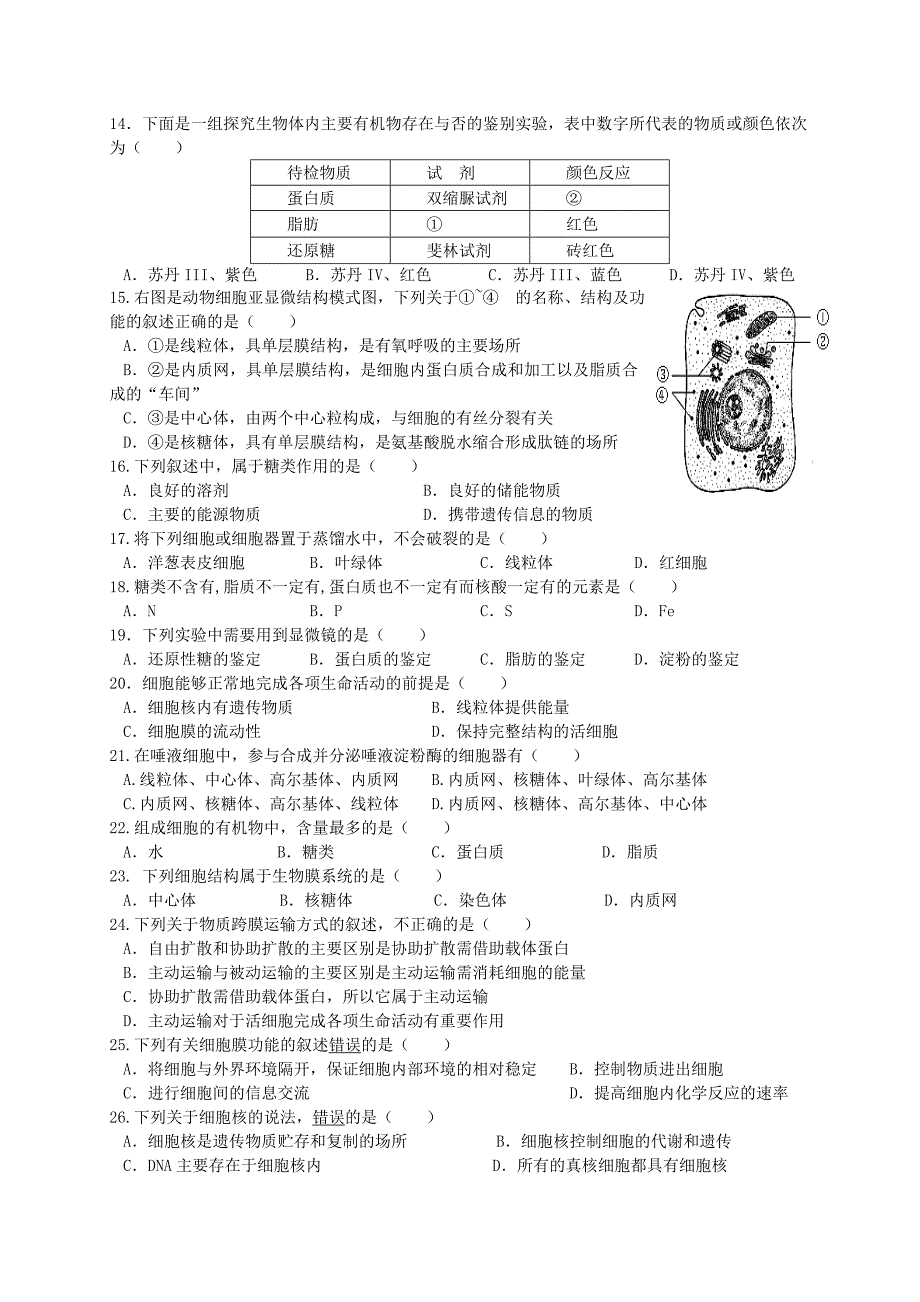 高中生物细胞的物质基础和结构基础精练卷必修1.doc_第2页