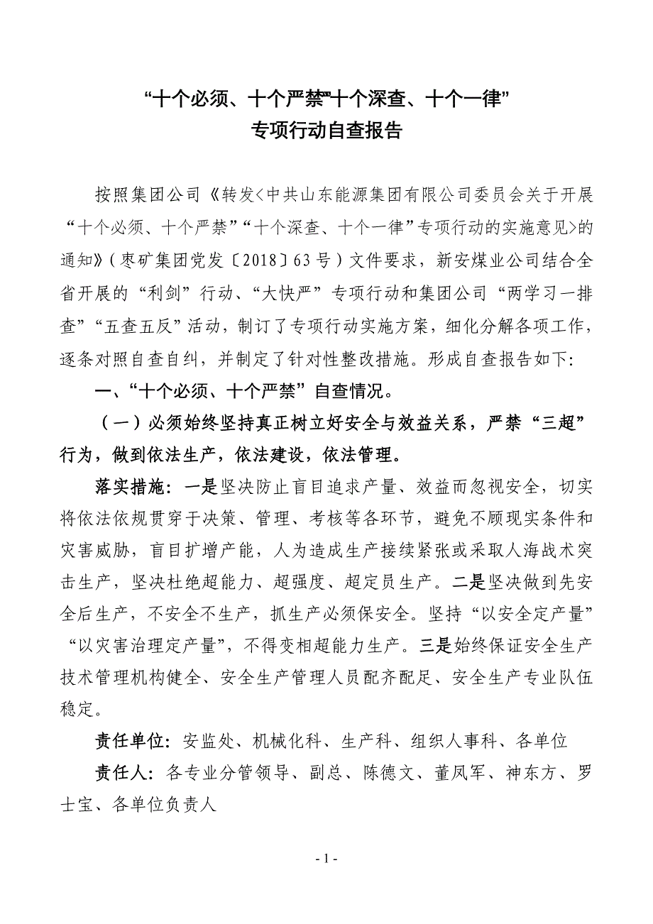 “十个必须、十个严禁”“十个深查、十个一律”专项行动自查报告.doc_第1页