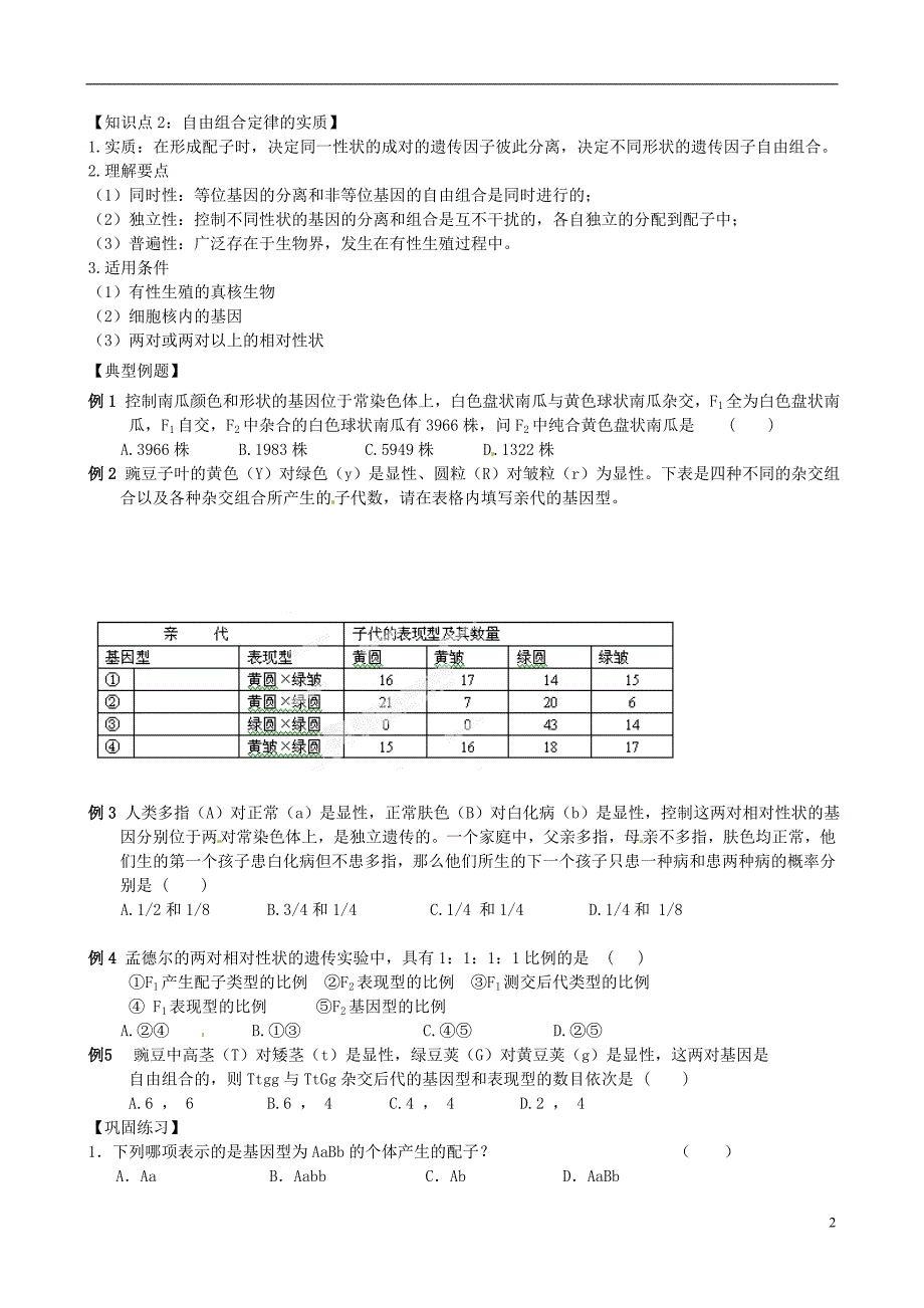 山东高考生物一轮复习第一章第二节孟德尔的豌豆杂交实验二学案2必修2.doc_第2页