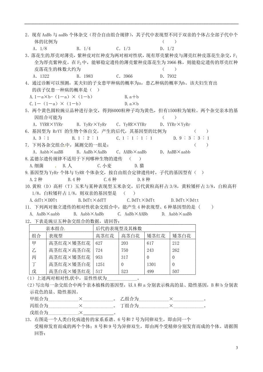 山东高考生物一轮复习第一章第二节孟德尔的豌豆杂交实验二学案2必修2.doc_第3页