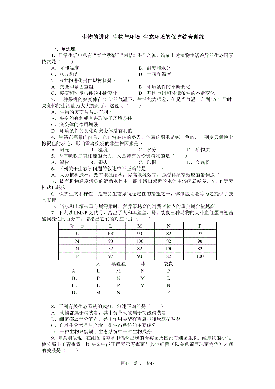 高二生物的进化生物与环境生态环境的保护综合训练.doc_第1页