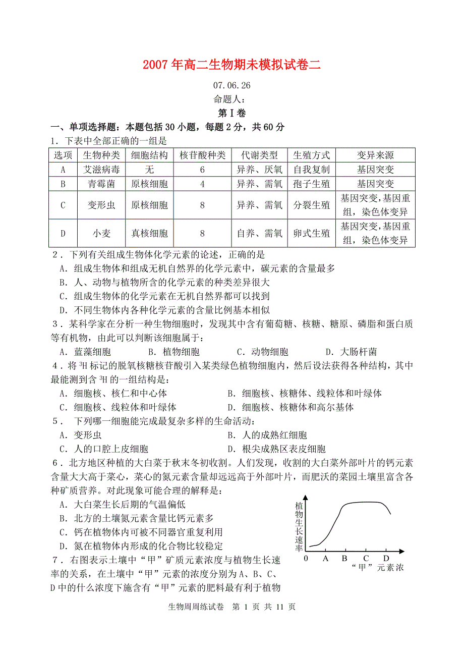 高二生物期未模拟二.doc_第1页