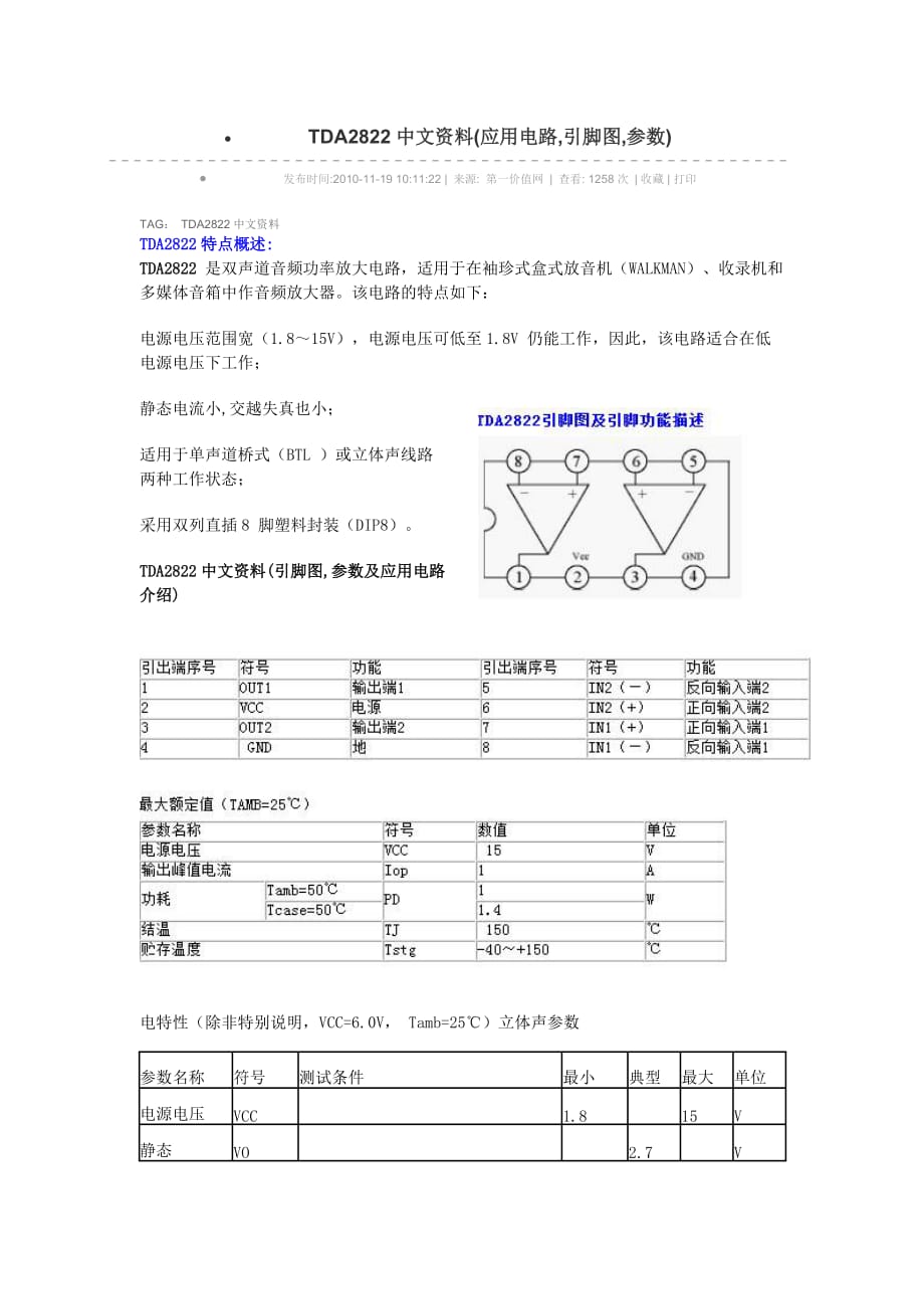 TDA2822中文资料(应用电路-引脚图-参数_第1页