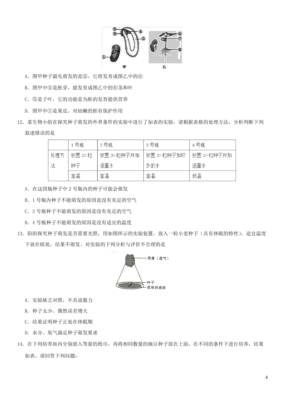 中考生物种子的萌发重要考点练习卷_第4页