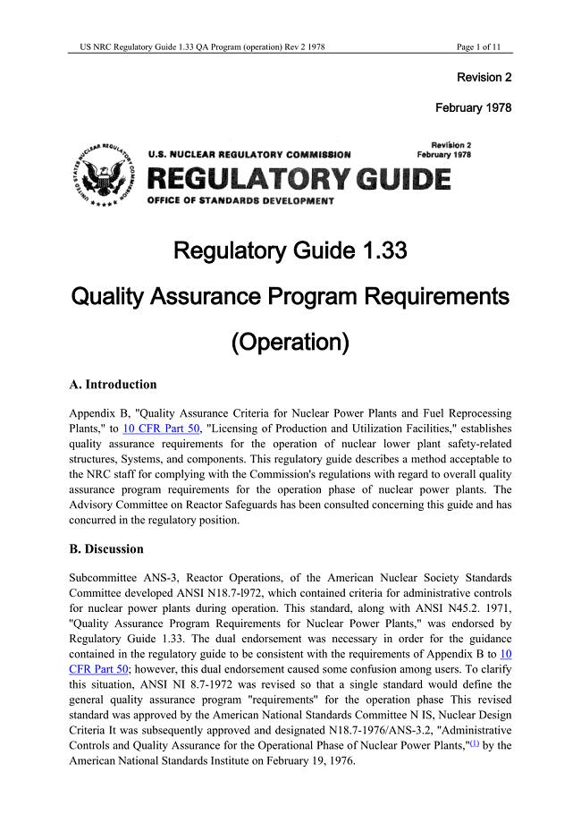 RG1.033 运行质量保证大纲QAP要求 1978