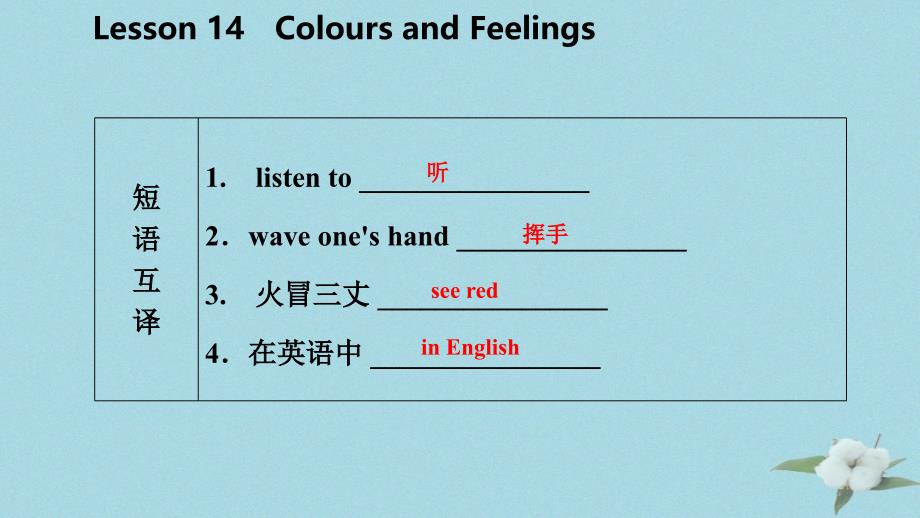 七年级英语上册Unit3BodyPartsandFeelingsLesson14ColoursandFeelings导学课件（新版）冀教版_第4页