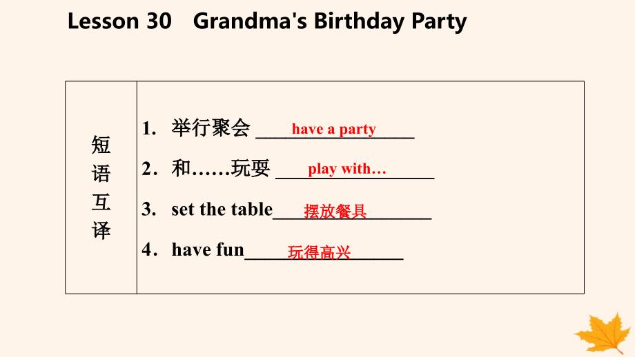 七年级英语上册Unit5FamilyandHomeLesson30Grandma’sBirthdayParty导学课件新版冀教版_第4页