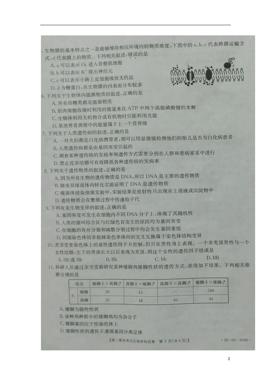 陕西省铜川市王益区2017_2018学年高二生物下学期期末考试试题（扫描版无答案）.doc_第2页