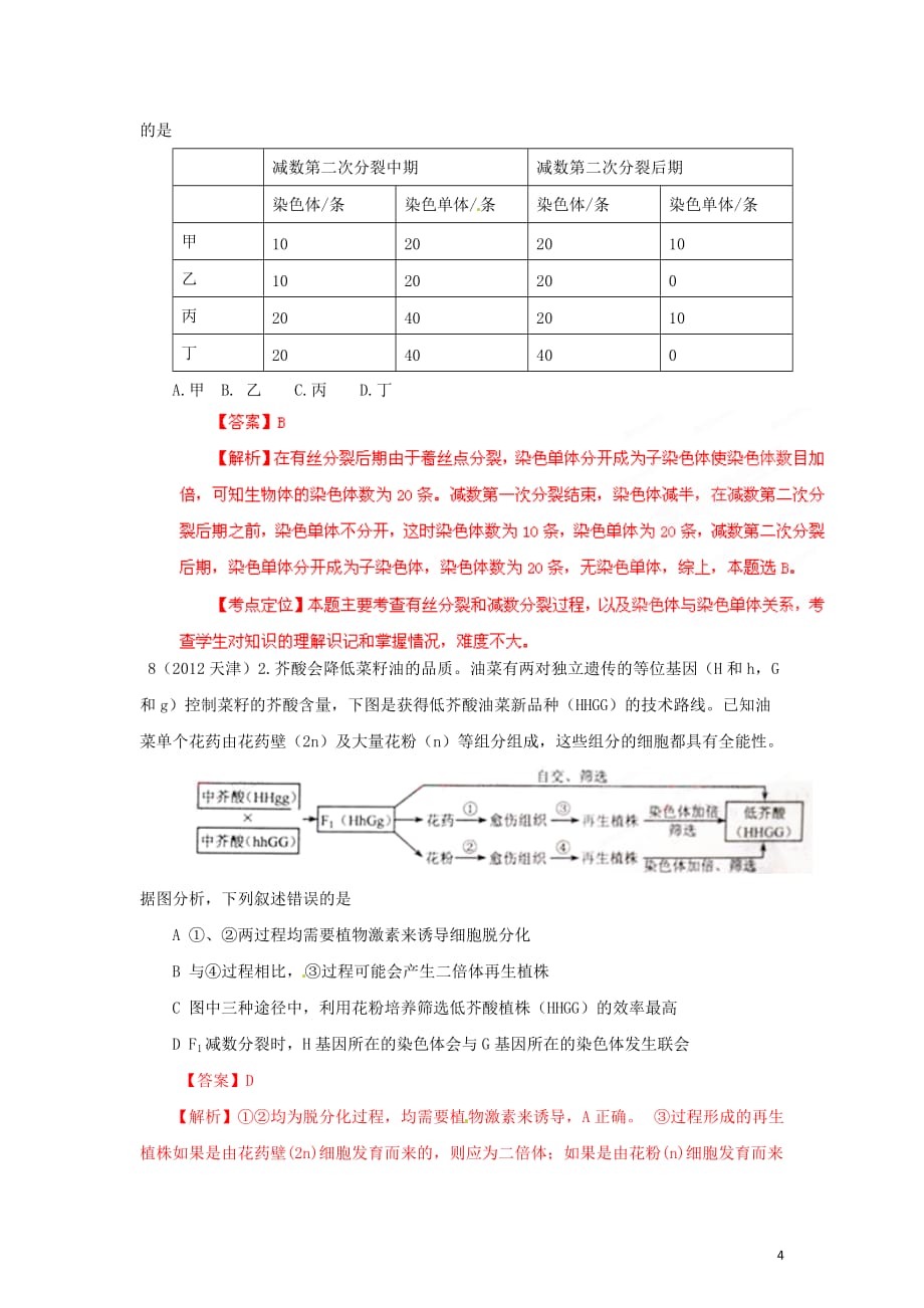 2012年高考生物试题分项版解析专题05 细胞的生命历程(含减数分裂)_第4页