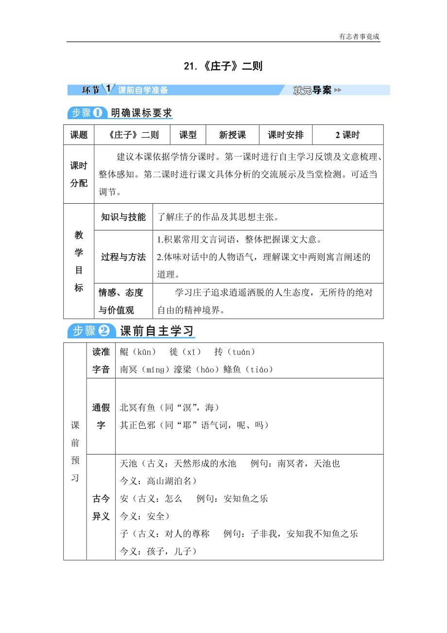 部编版八年级语文优秀学案—21 《庄子》二则_第1页