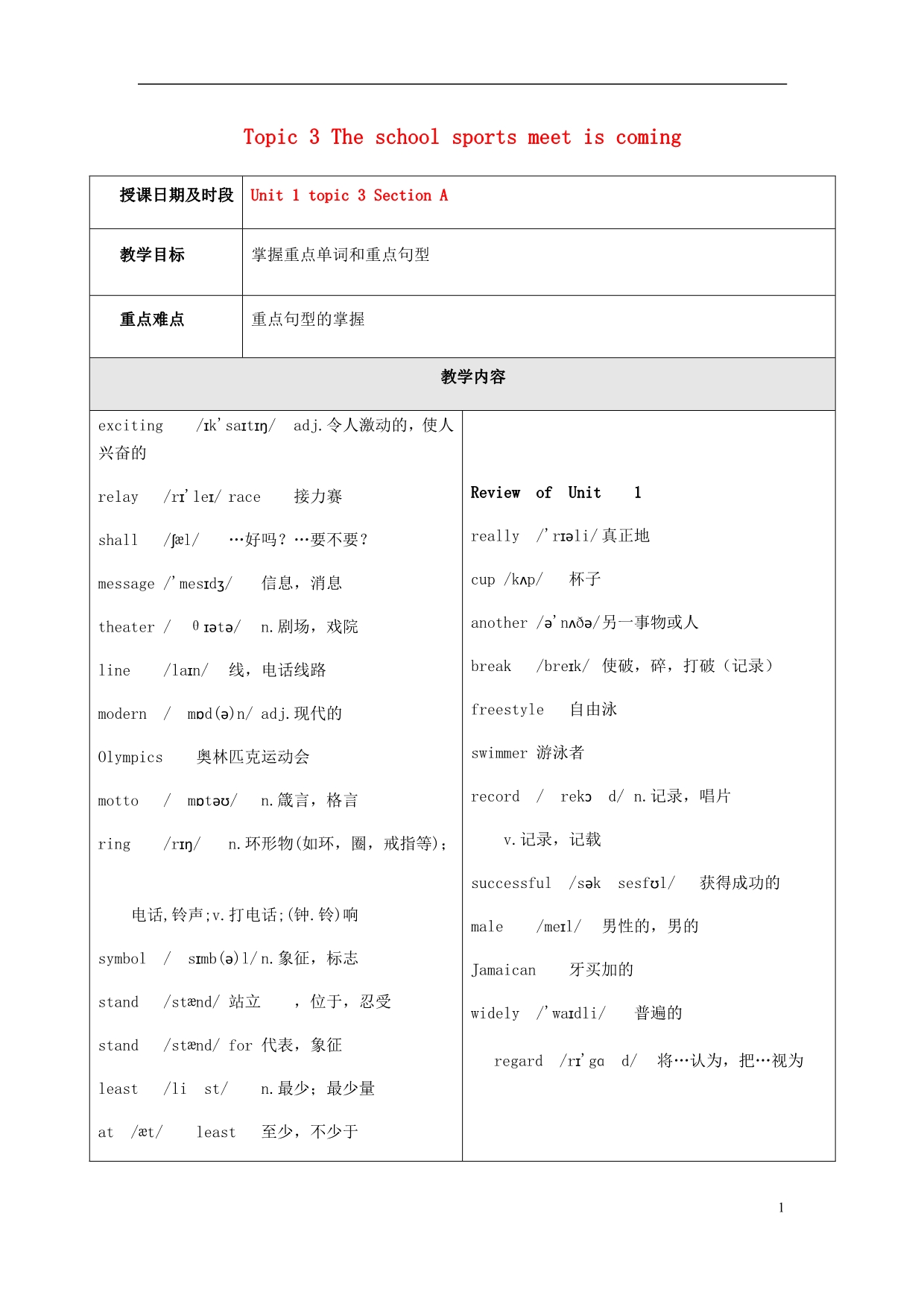 八年级英语上册Unit1PlayingSportsTopic3TheschoolsportsmeetiscomingSectionA辅学导学案无答案新版仁爱版_第1页