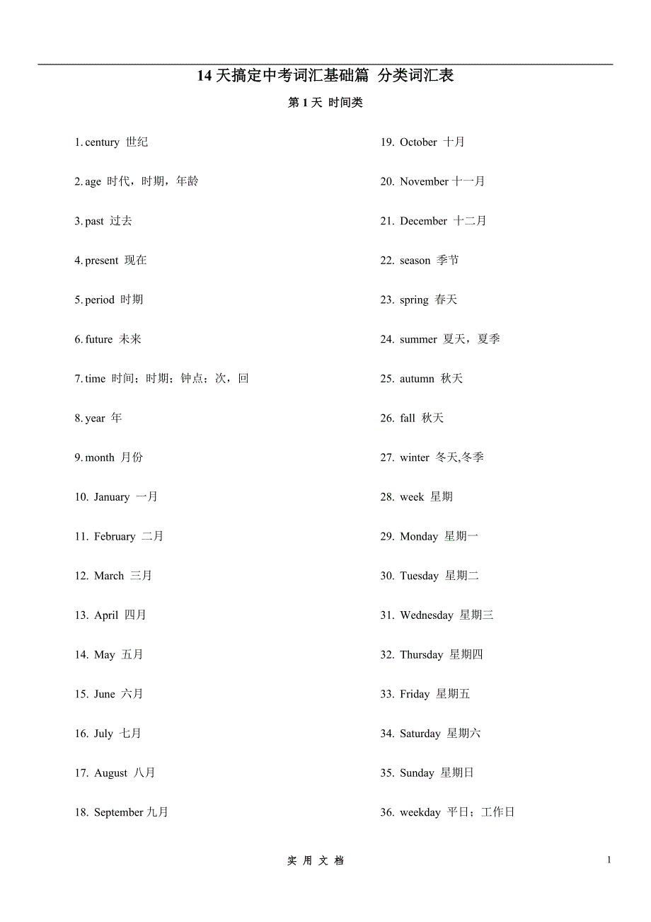 14天搞定中考词汇基础篇-2019年中考英语考前冲刺必背必练词汇_第1页