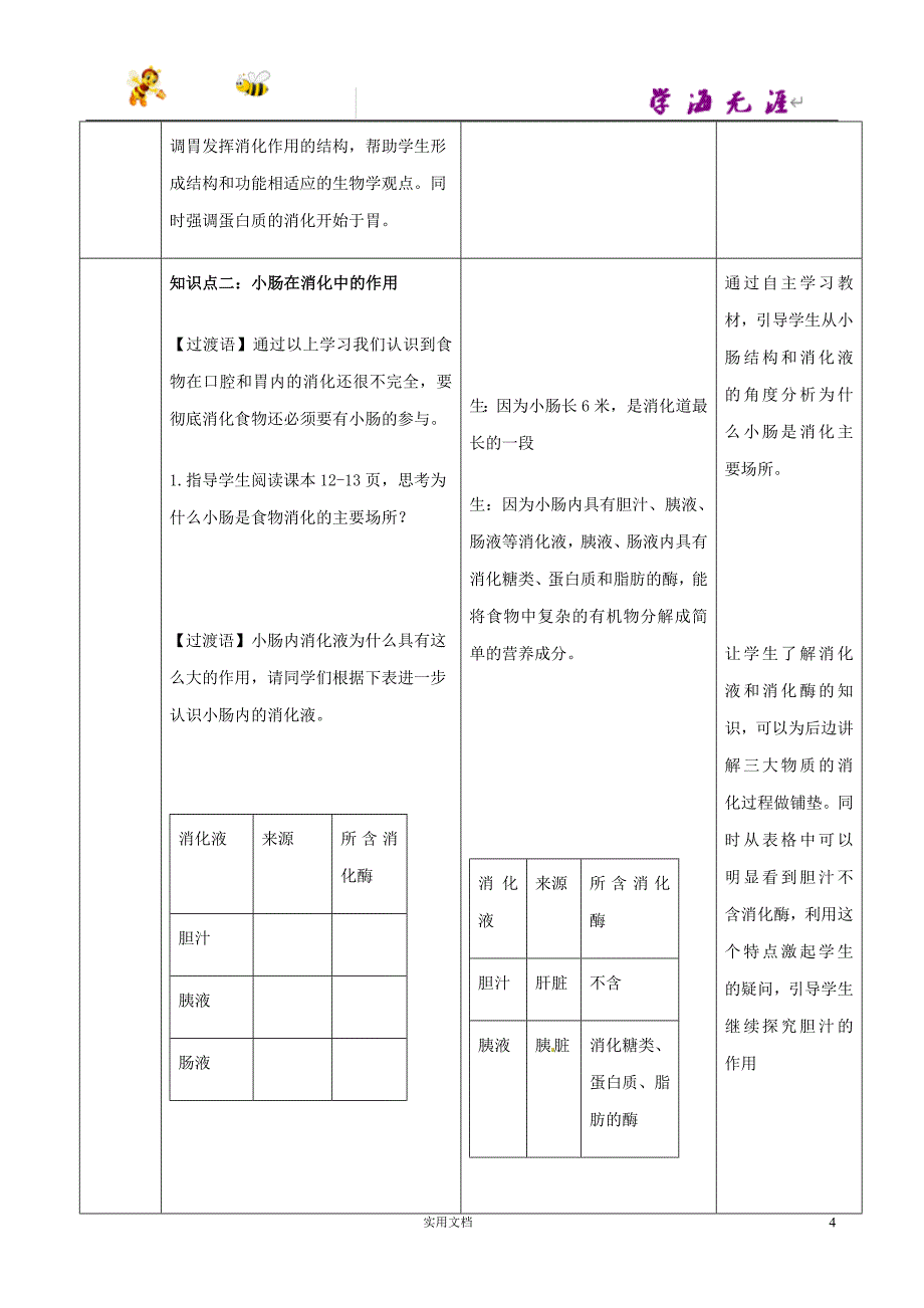 7下生物-- 第3单元 第1章 第2节 消化和吸收（第2课时）教案2 （新版）济南版_第4页
