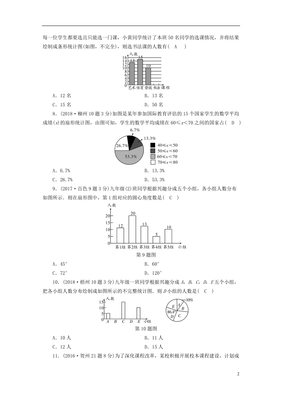 广西专用中考数学一轮新优化复习第一部分教材同步复习第八章统计与概率第30讲数据的收集整理与描述真题精选_第2页