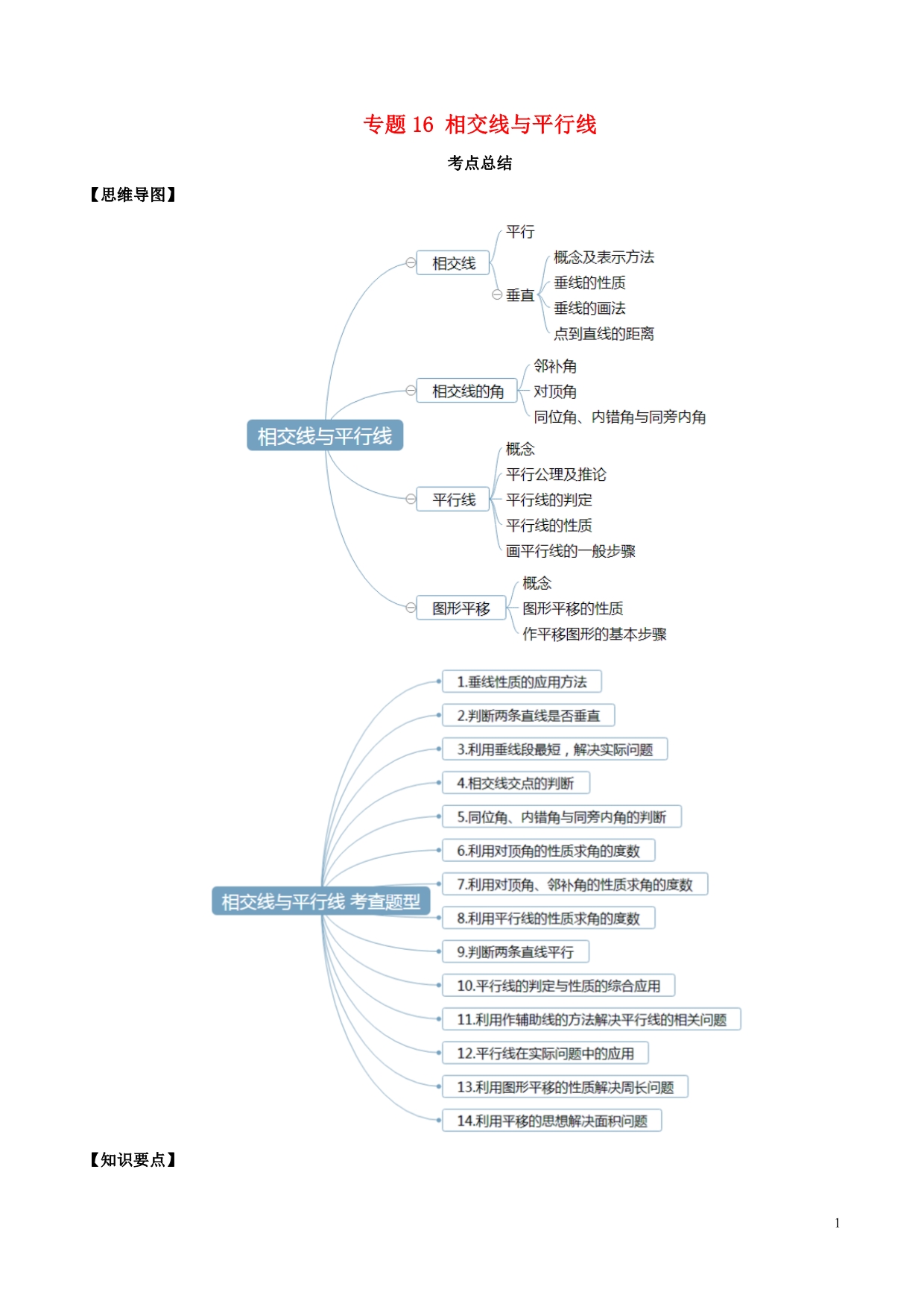 2020年中考数学一轮复习及题型专题16相交线与平行线含解析_第1页