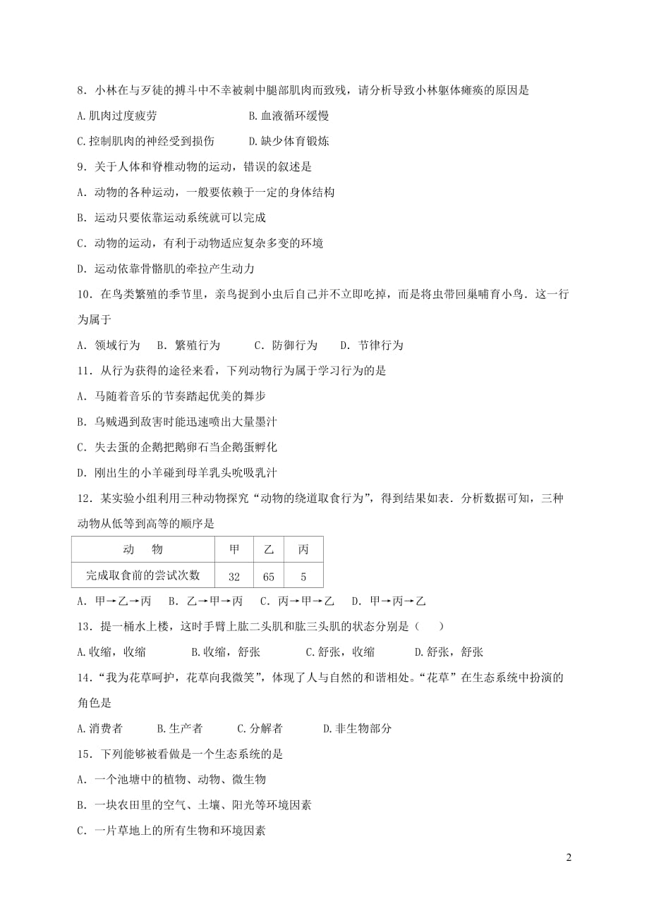 江苏省东台市第五联盟八年级生物上学期12月月考试题新人教版_第2页