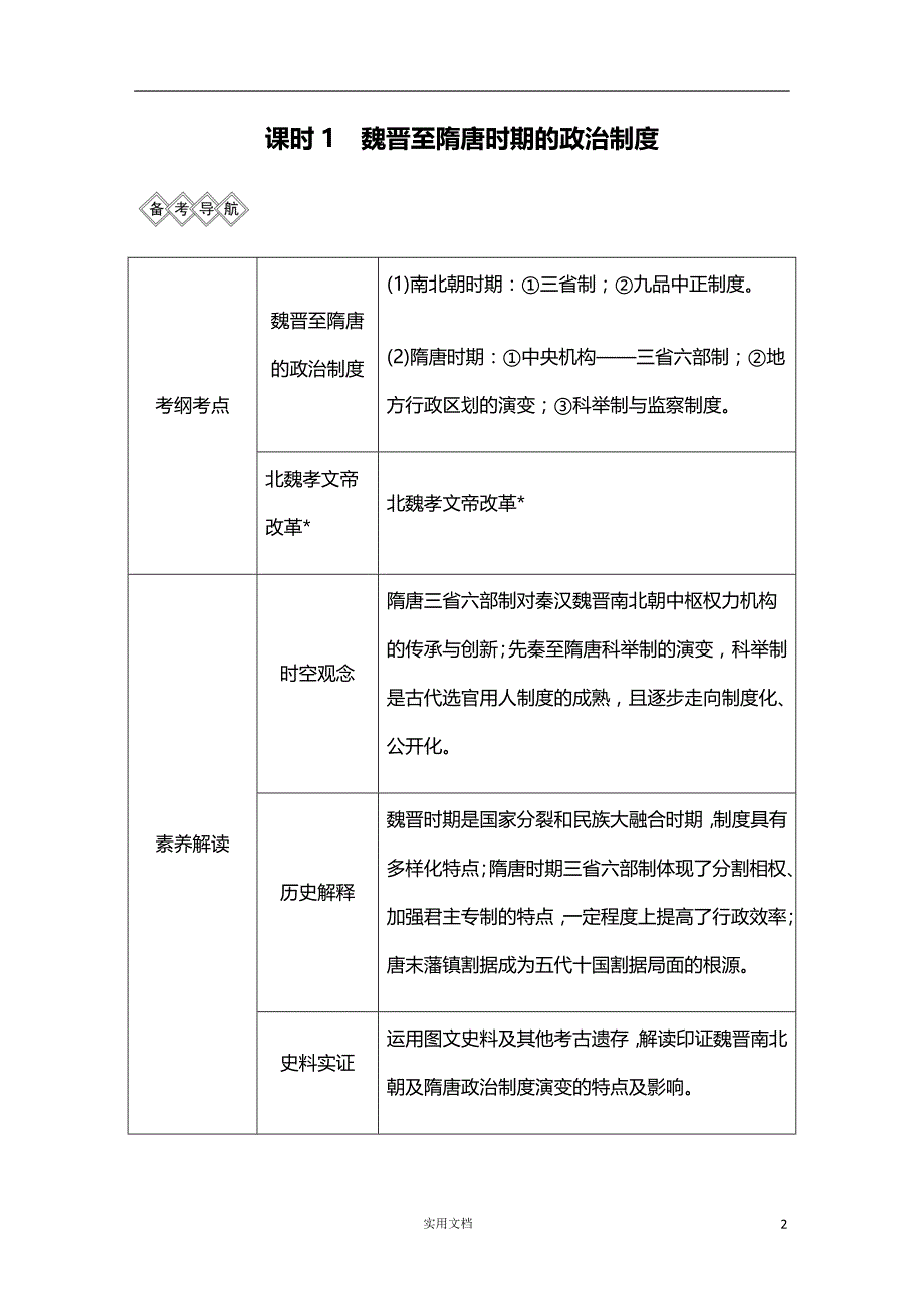 2020版历史 高考冲刺总复习--古代中华文明的曲折发展——魏晋至隋唐--阶段三 课时1（通史岳麓版山东专用）_第2页