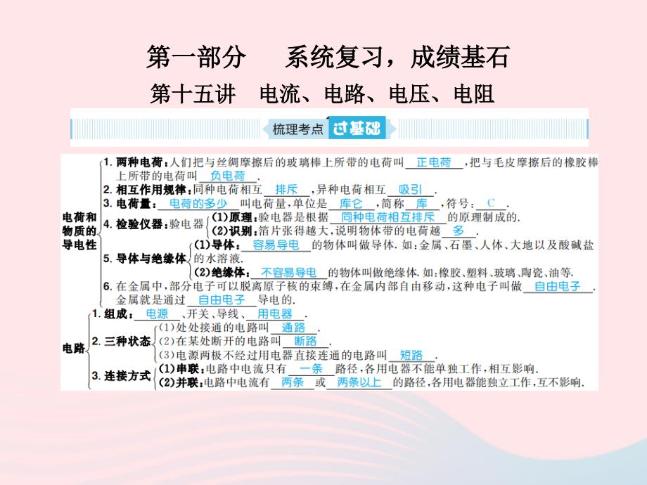 山东省青岛市中考物理总复习九年级第15讲电流电路、电压电阻课件_第1页