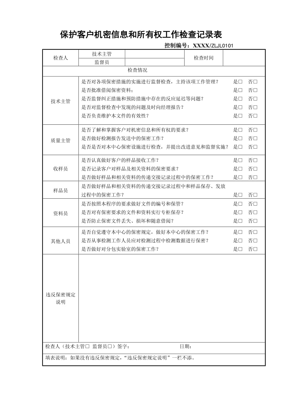 保护客户机密信息和所有权工作检查记录表_第1页