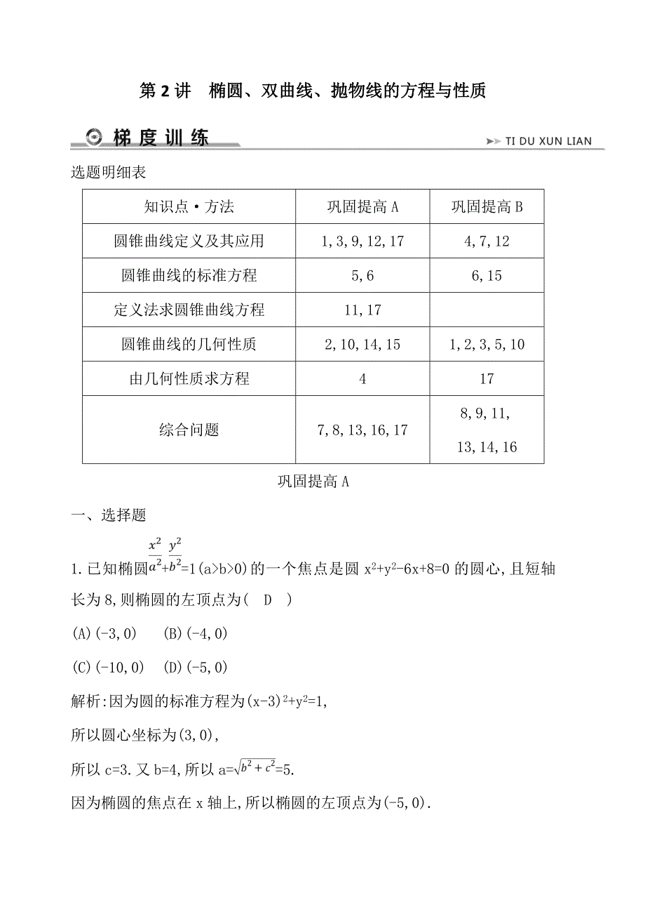 2019年高考数学二轮复习试题：专题五 第2讲　椭圆、双曲线、抛物线的方程与性质（含解析）_第1页