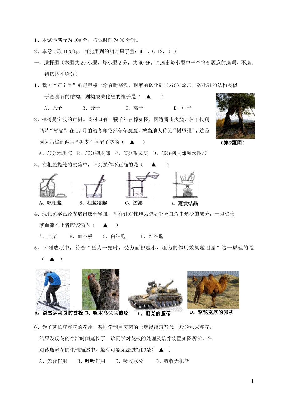 浙江省江北区八年级科学上学期期末考试试题浙教版_第1页