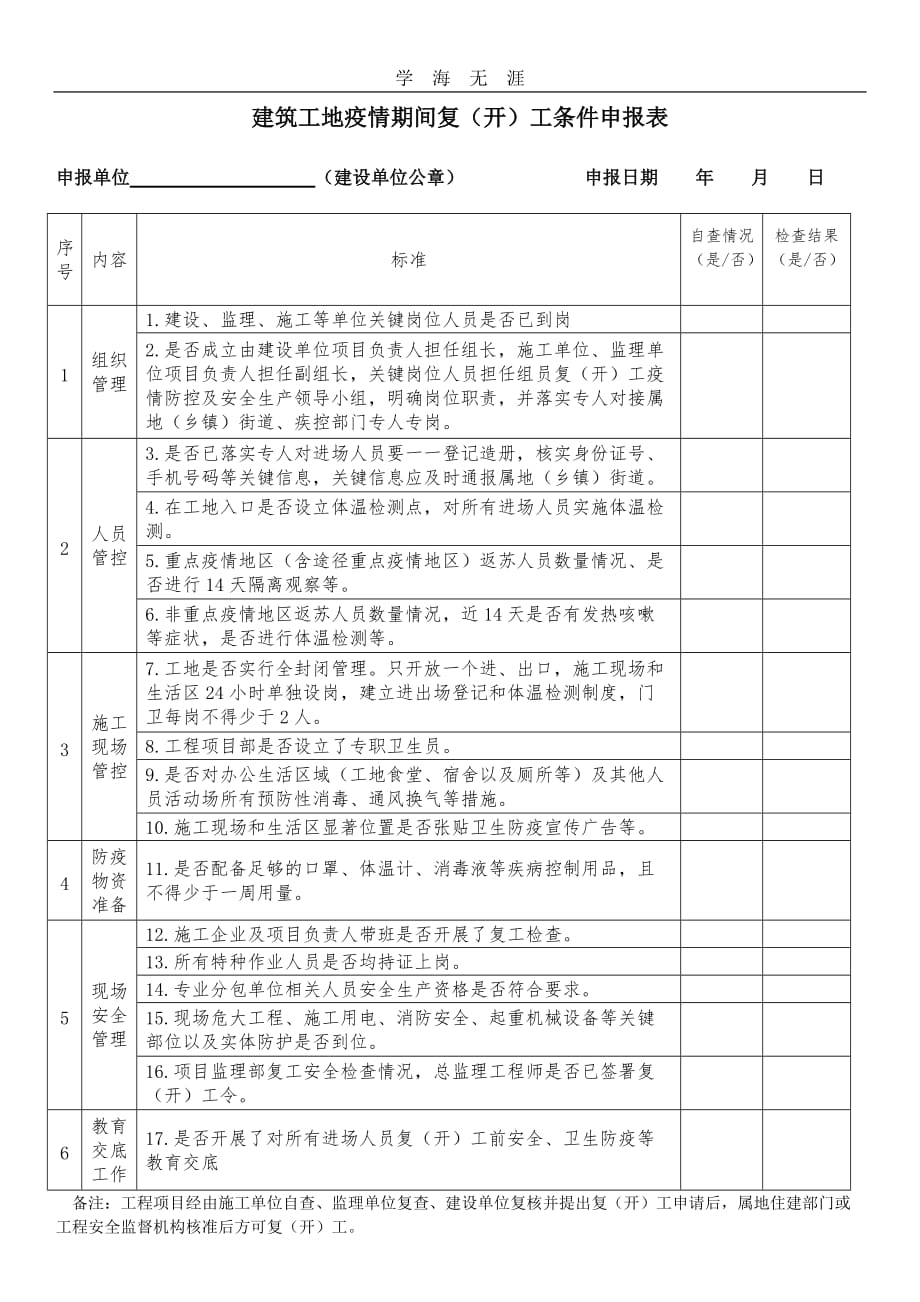 2020年建筑工地疫情期间复(开)工条件申报表（一）_第1页