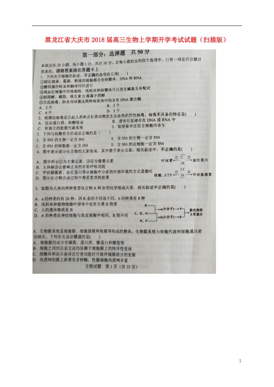 黑龙江大庆高三生物开学考试1.doc_第1页