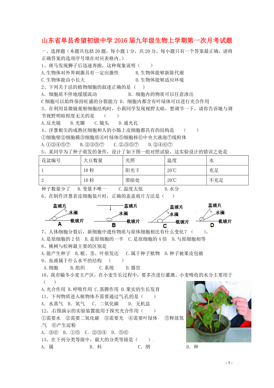 山东单希望初级中学九级生物第一次月考.doc_第1页