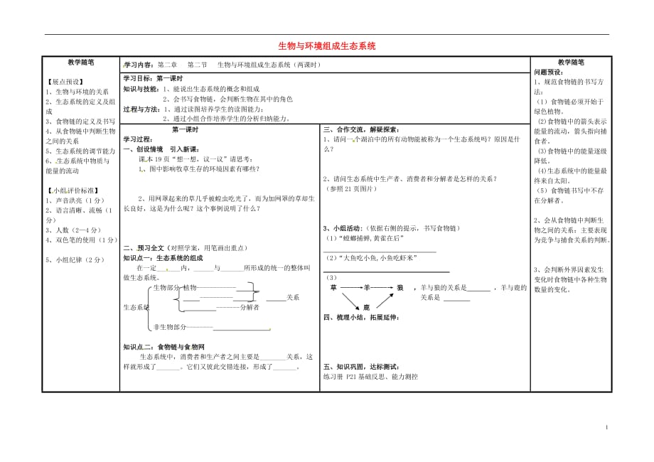 七级生物上册第一单元第二章第二节生物与环境组成生态系统第1课时导学案新.doc_第1页