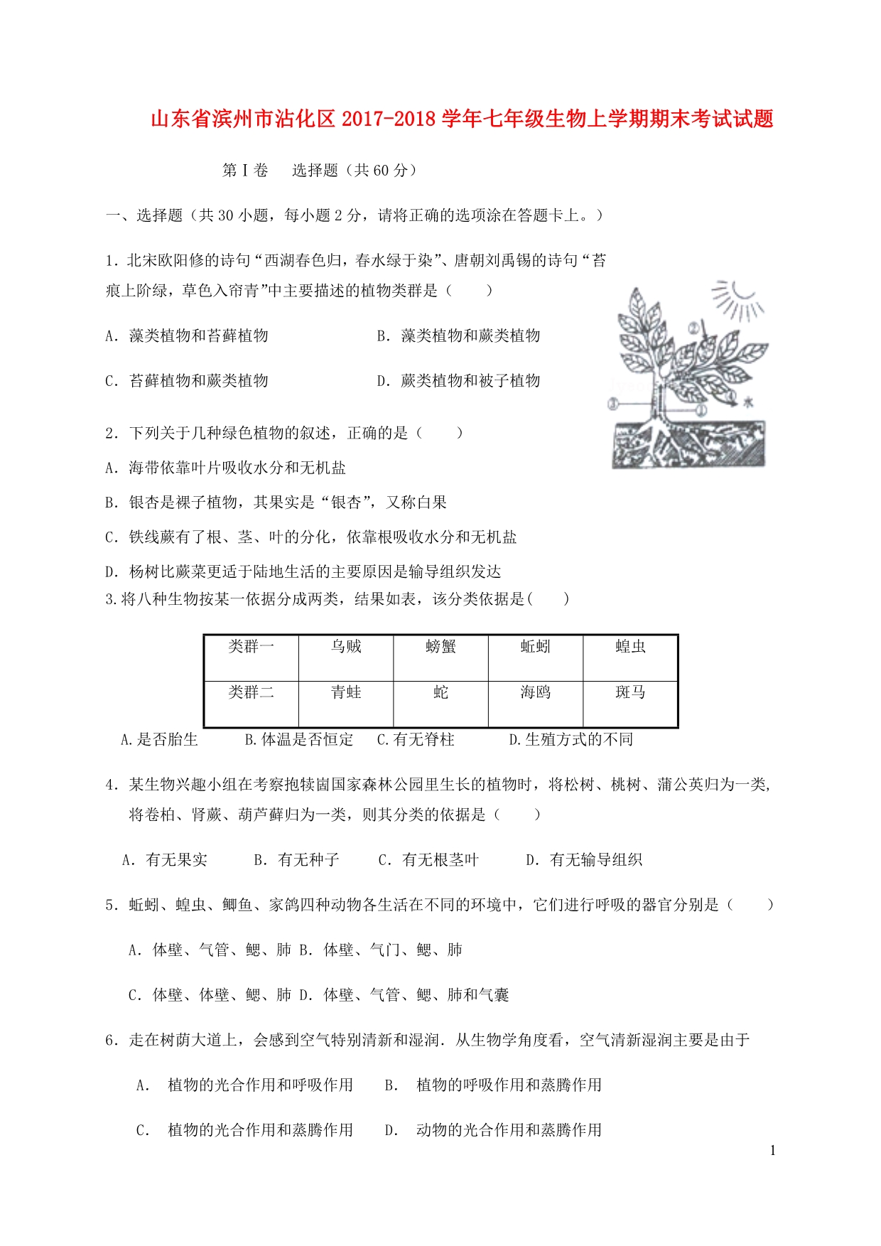 山东滨州沾化区七级生物期末考试 1.doc_第1页