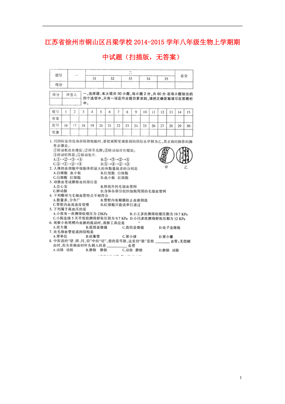 江苏徐州铜山区吕梁学校八级生物期中.doc_第1页