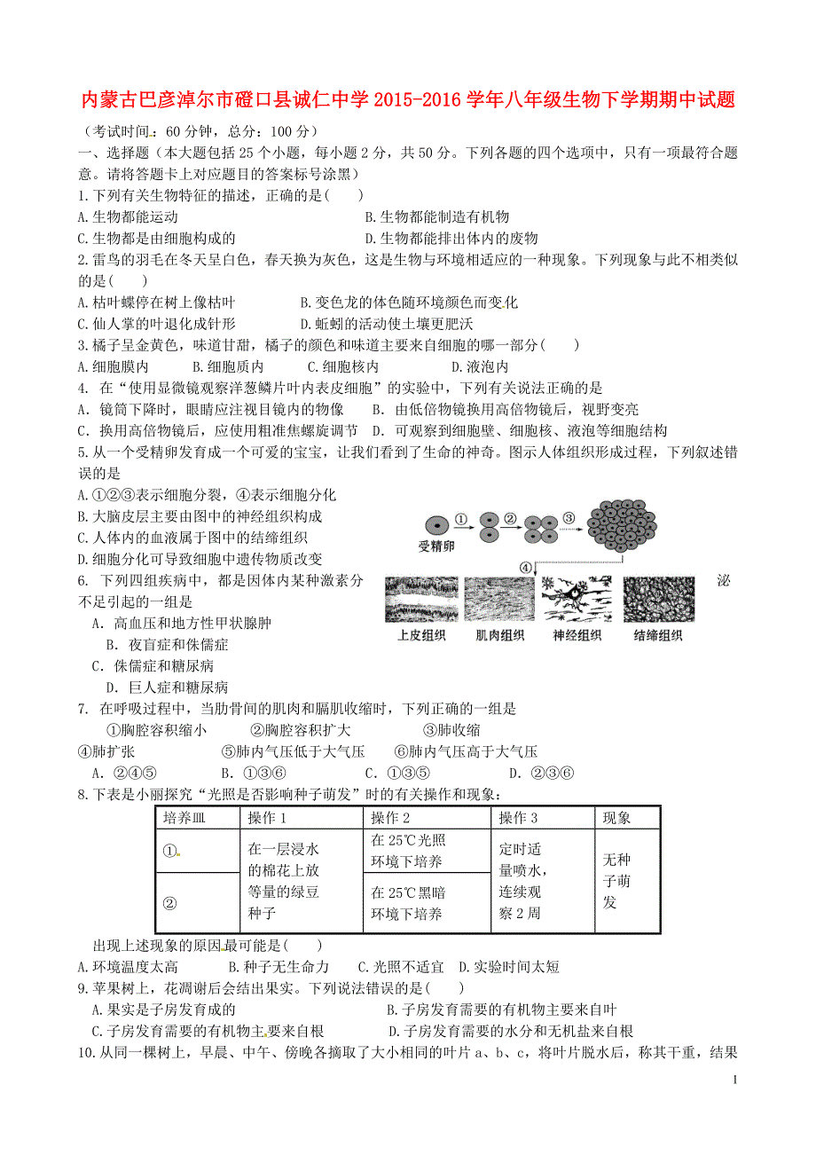 内蒙古巴彦淖尔市磴口县诚仁中学2015_2016学年八年级生物下学期期中试题（无答案）新人教版.doc_第1页