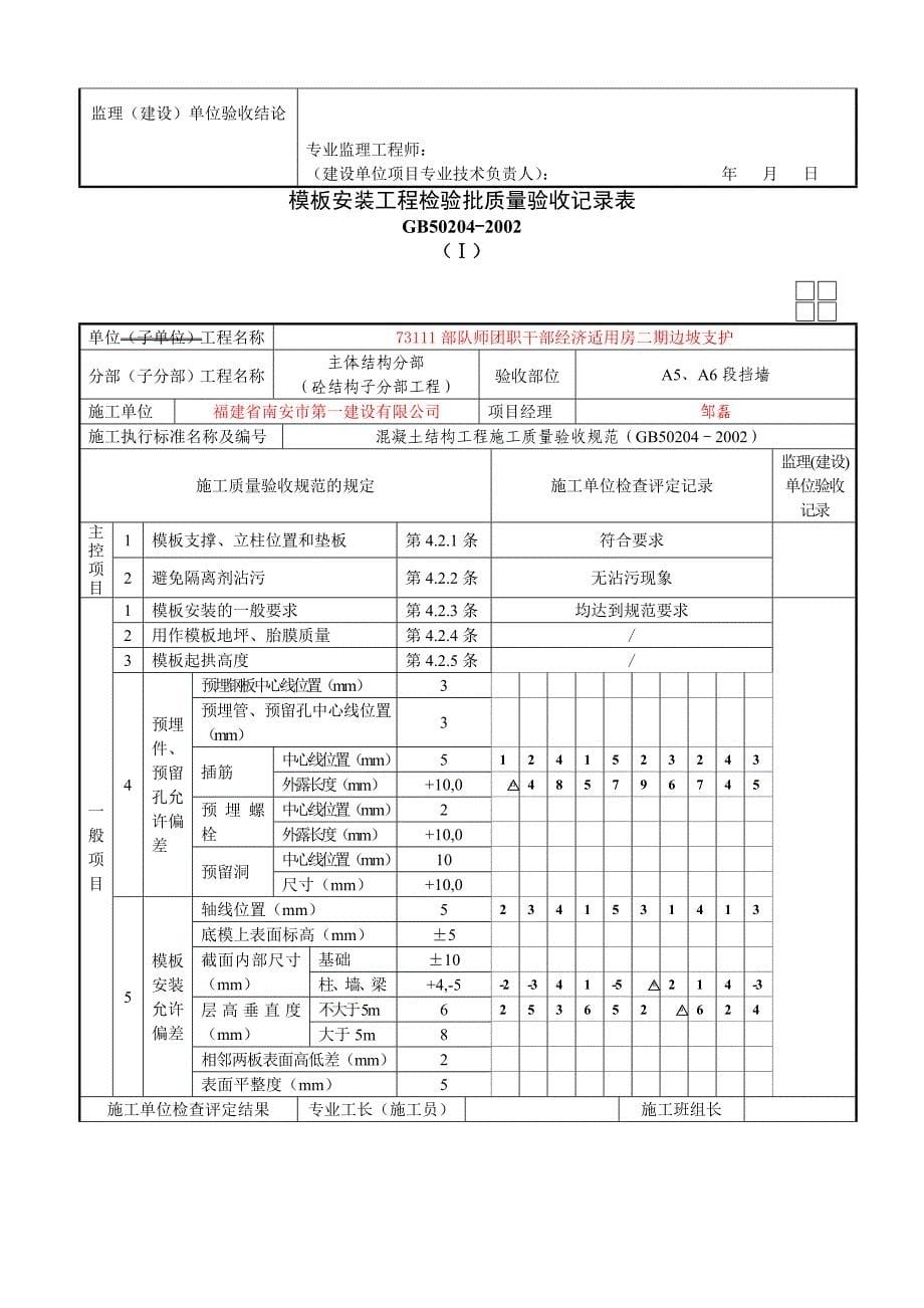 2010模板安装工程检验批质量验收记录表_第5页