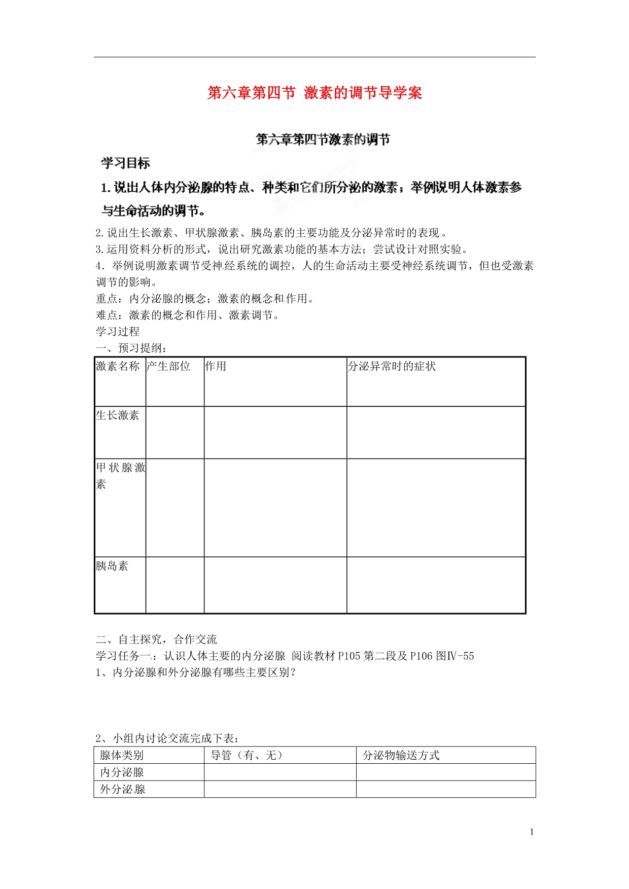 海南海口第十四中学七级生物下册 第六章第四节 激素的调节导学案 .doc_第1页