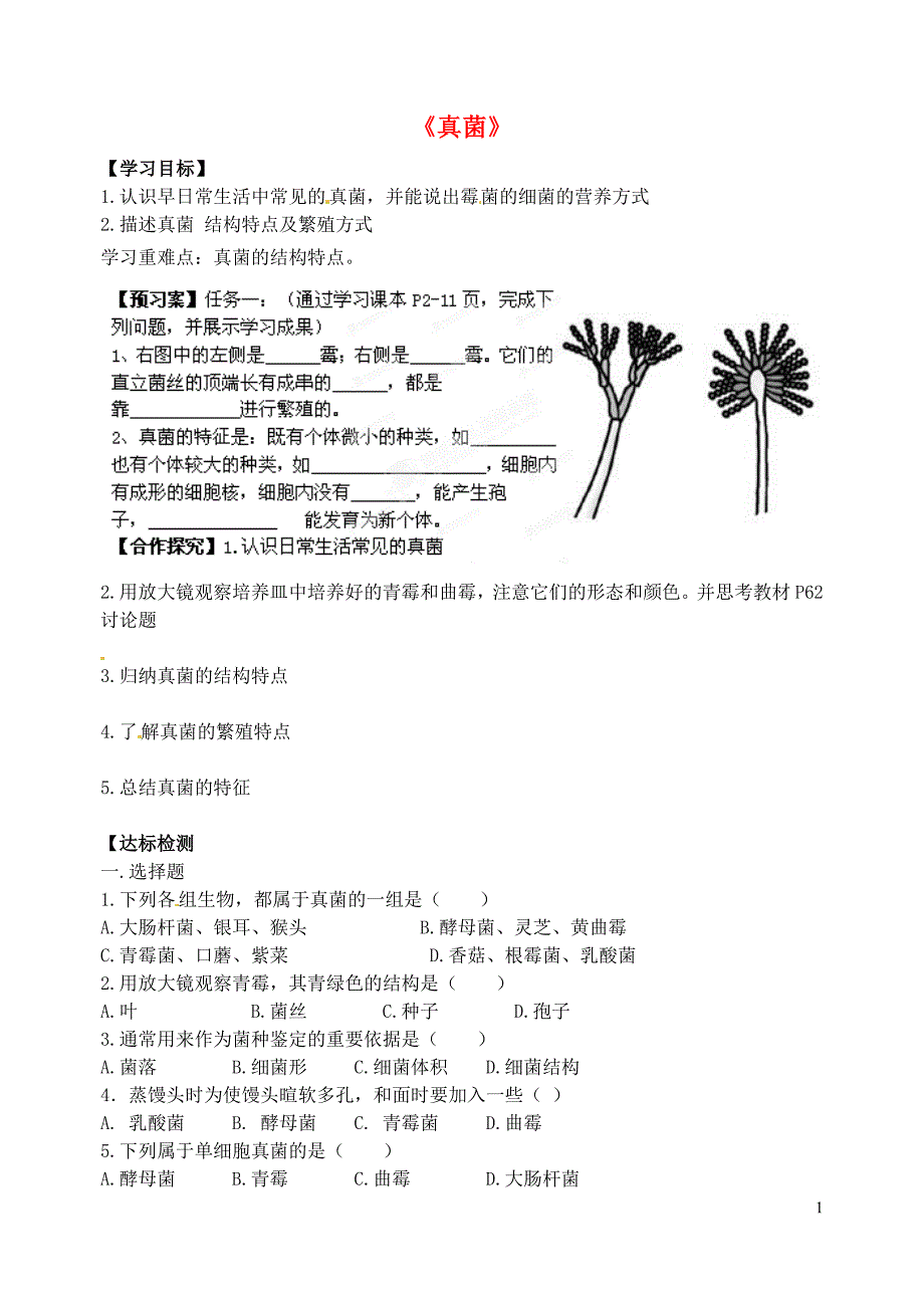 山东肥城王庄初级中学八级生物上册真菌学案 .doc_第1页