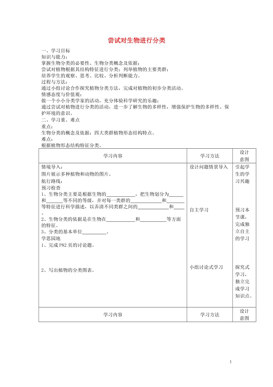 秋八级生物上册6.1.1尝试对生物进行分类学案 1.doc_第1页