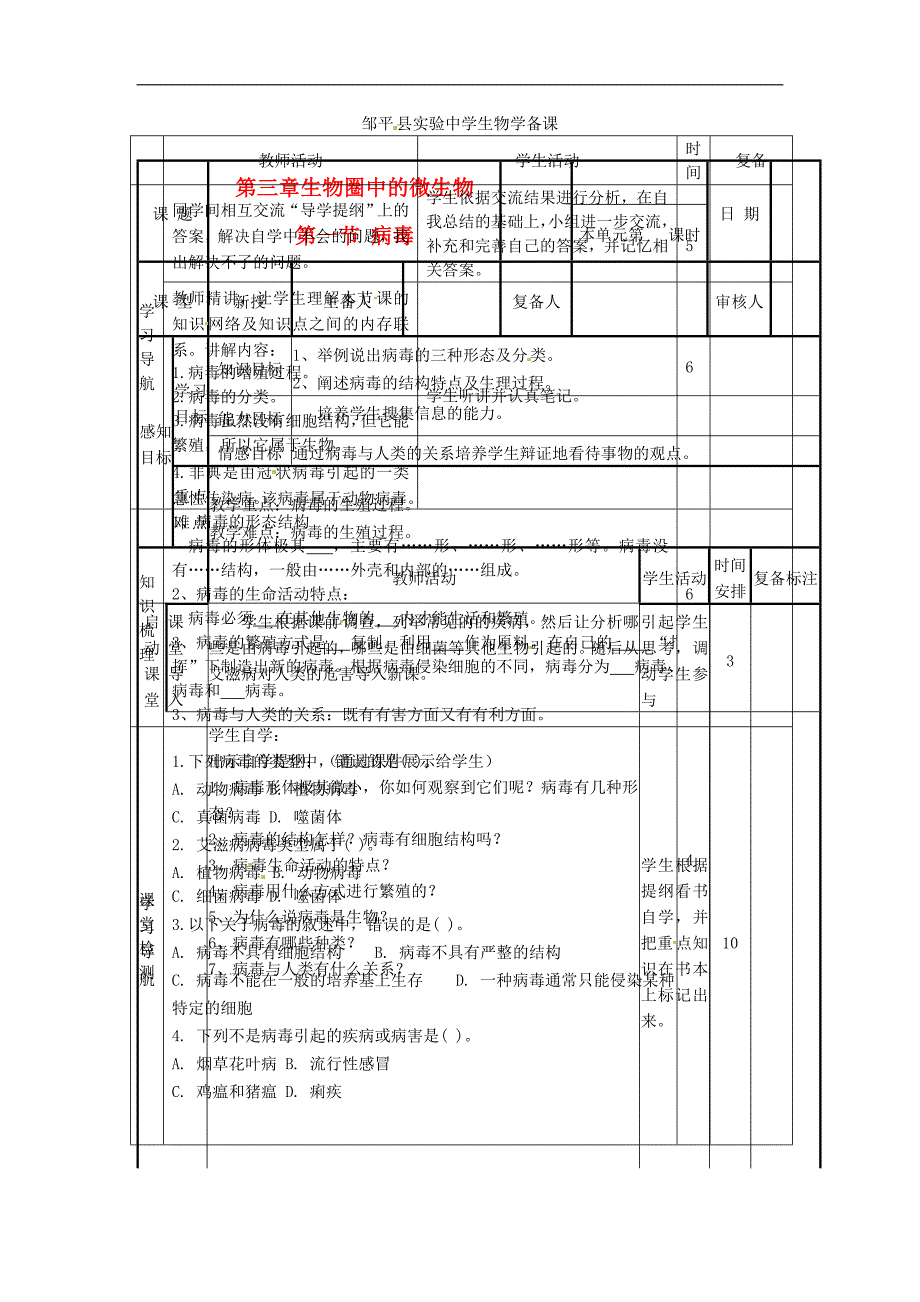 山东滨州邹平实验中学七级生物病毒教案 .doc_第1页