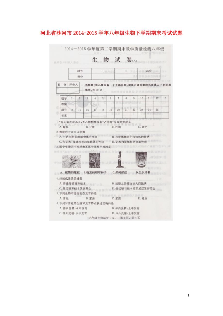 河北沙河八级生物期末考试 1.doc_第1页