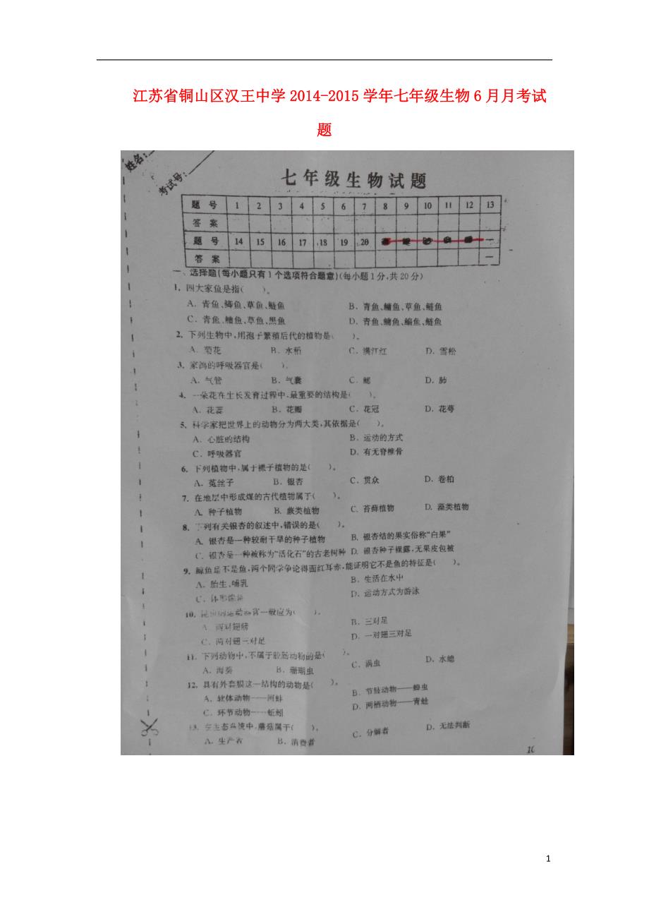 江苏铜山区汉王中学七级生物月考苏教.doc_第1页