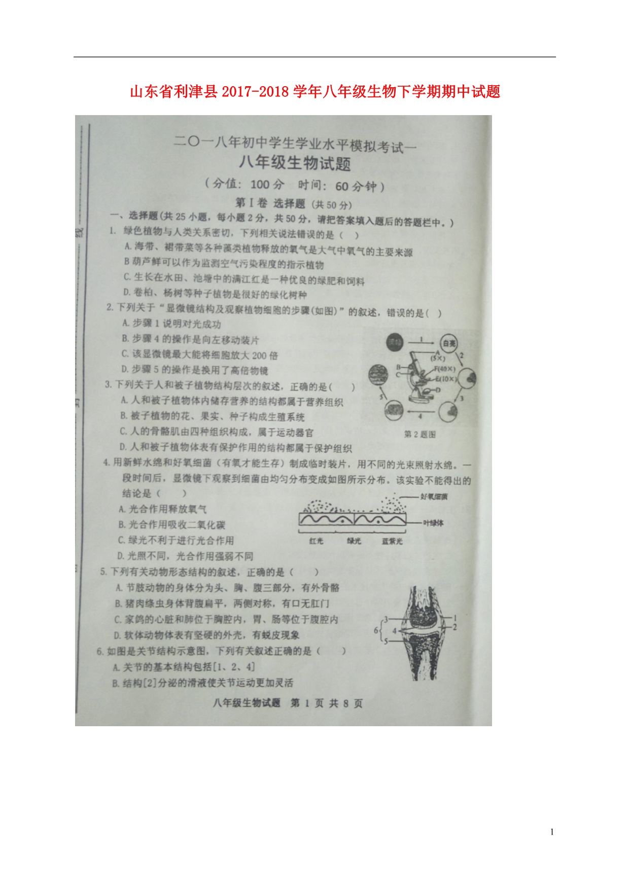 山东利津八级生物期中鲁科五四制 1.doc_第1页