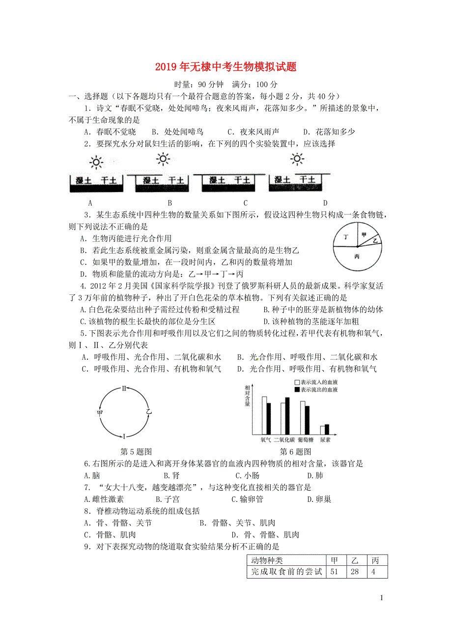 山东滨州棣中考生物模拟.docx_第1页