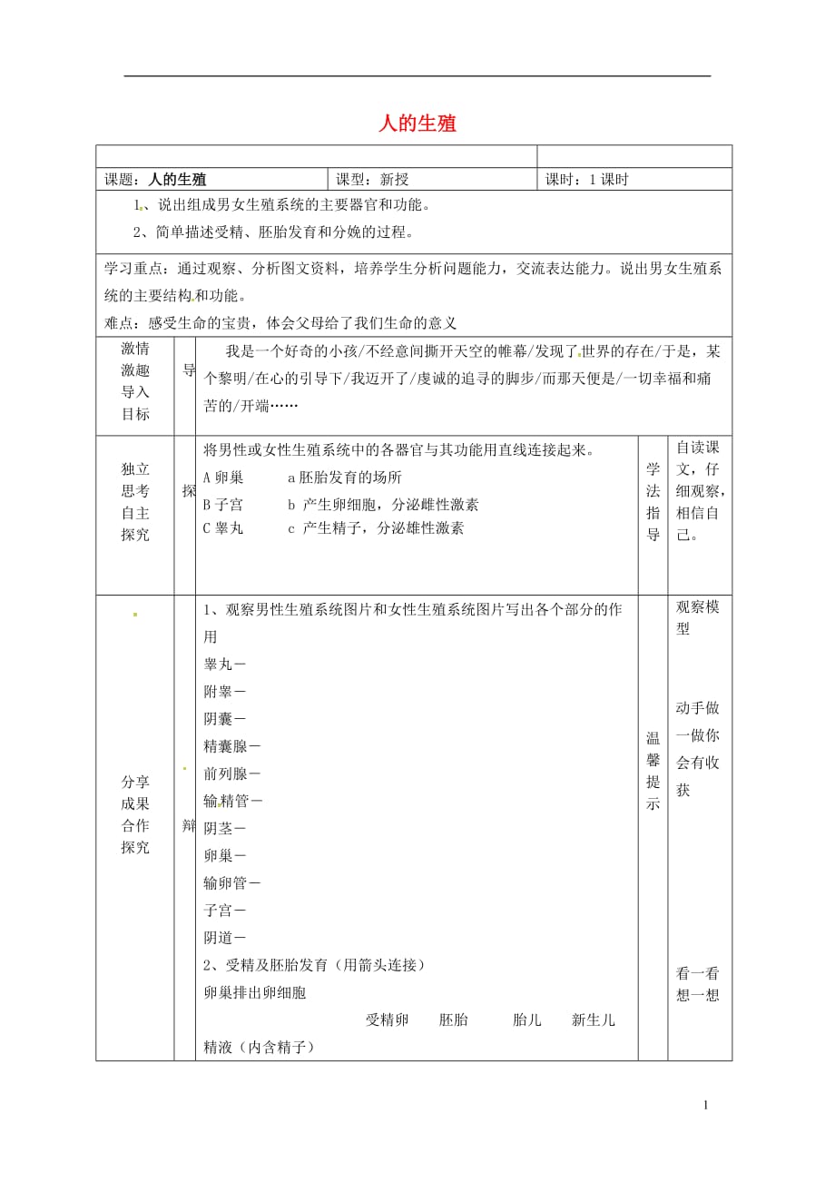 陕西千阳南寨初级中学八级生物上册7.21.1人的生殖导学案新苏科 1.doc_第1页