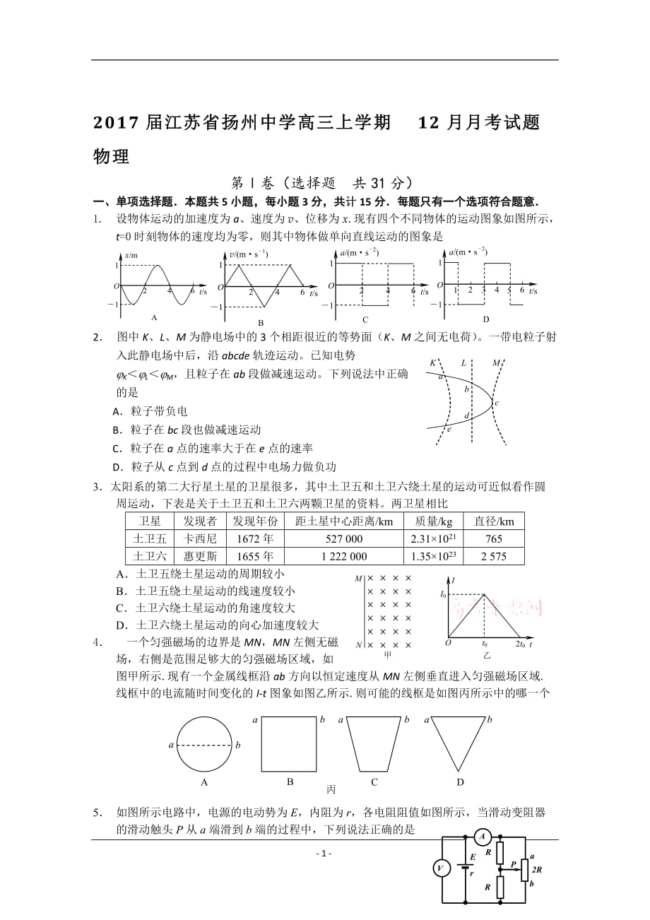 2017届江苏省高三上学期12月月考试题 物理_第1页