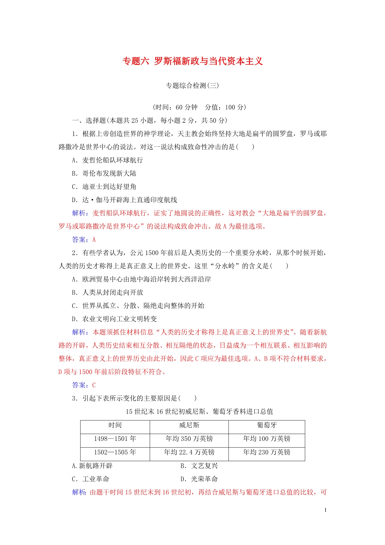 高中历史专题六罗斯福新政与当代资本主义专题综合检测人民必修2_第1页