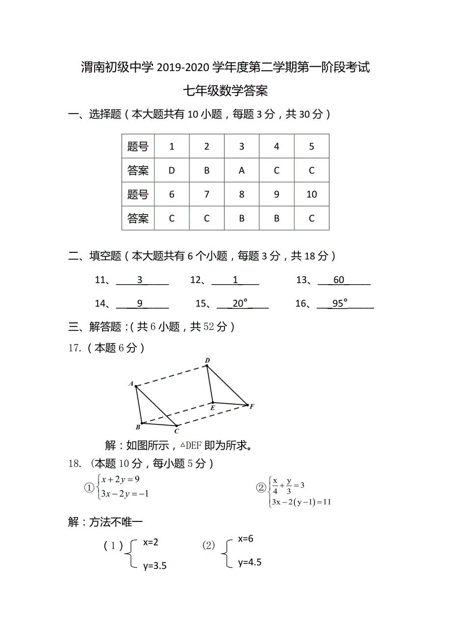 陕西省渭南初级中学 2019-2020学年度第二学期 线上七年级下数学考试试题答案_第1页