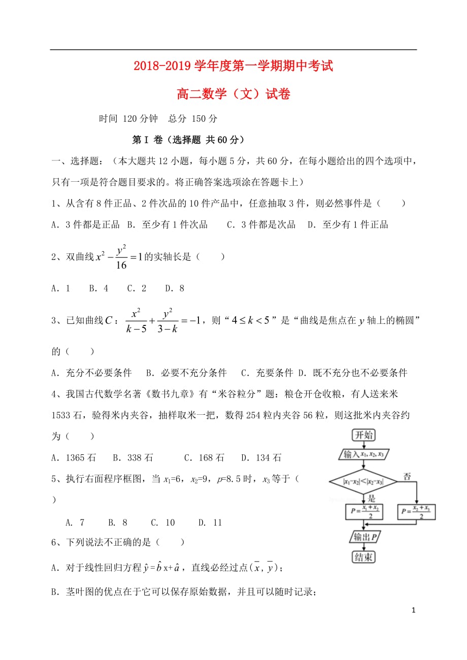 河北邯郸第一中学高二数学上学期期中文.doc_第1页