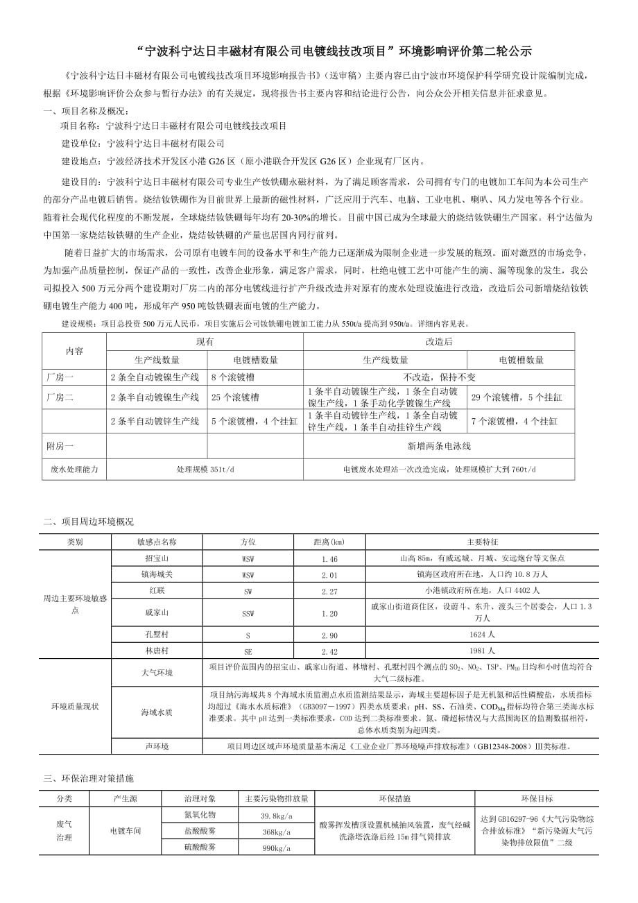 （项目管理）宁波科宁达日丰磁材有限公司电镀线技改项目环境影响_第1页