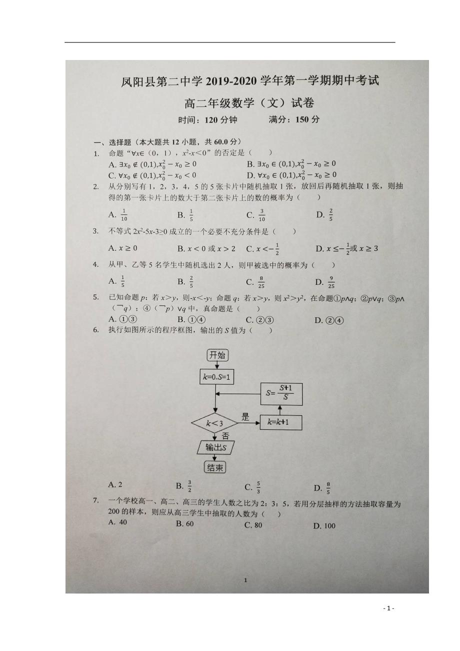 安徽凤阳第二中学高二数学上学期期中文.doc_第1页